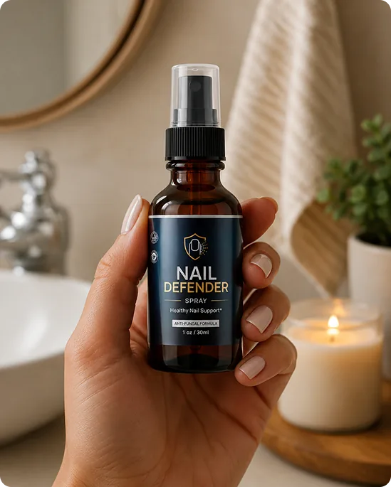 Hand holding a bottle of Nail Defender Spray